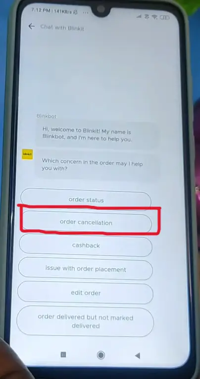 how to cancel order on blinkit