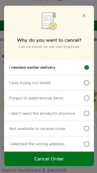 how to cancel order on blinkit